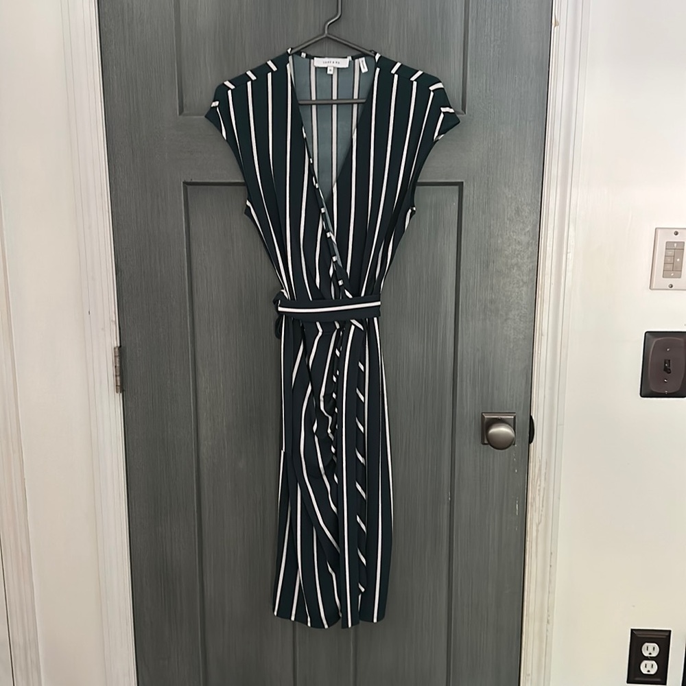 Lark & Ro | Green and white striped wrap dress, flexible fabric and mid length